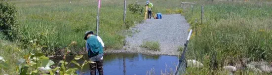 surveying of pond in field